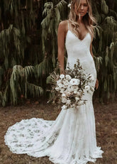 Genevieve | Mermaid Spaghetti Strap Backless Appliques Lace Long White Wedding Dress Train - Price #price_variant_lowest# - White - PromDressClub